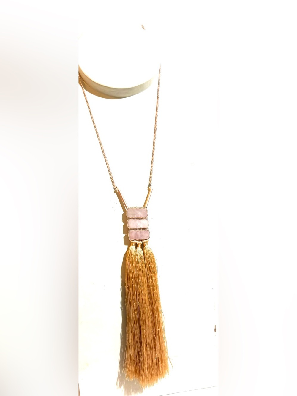 Gold stone Chain Necklace with Blush Pendant and Mustard Tassel
